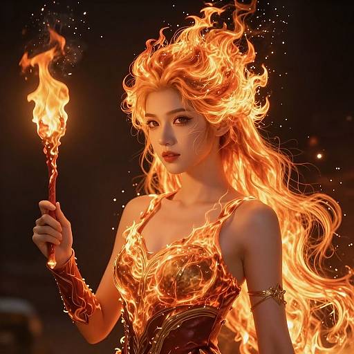 Photorealistic digital artwork of a fiery-haired woman with glowing flames, holding a torch, wearing a burning, golden armor-like top. Dark background.