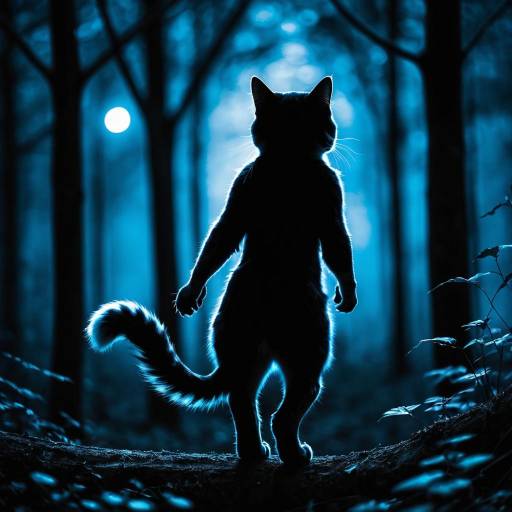 Glowing Cat Silhouette in Blue Forest Night