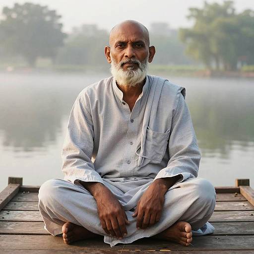 Photograph of an elderly Indian man with a bald head and white beard, wearing a white traditional kurta, sitting cross-legged on a wooden dock by