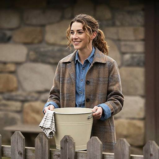 Smiling Woman with Bucket in Rustic Setting