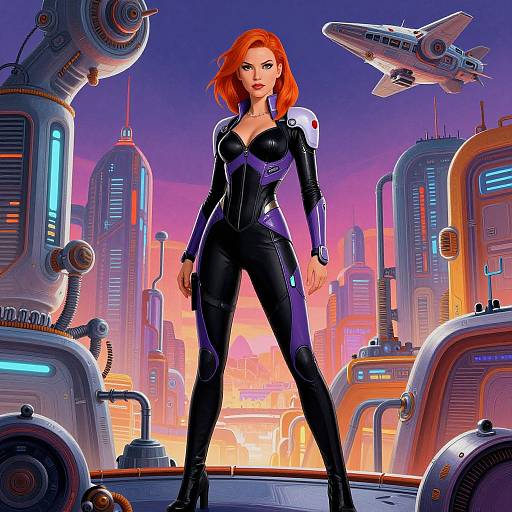 Digital artwork of a red-haired woman in a black, form-fitting suit with purple accents, standing confidently in a futuristic cityscape with flying vehicles and