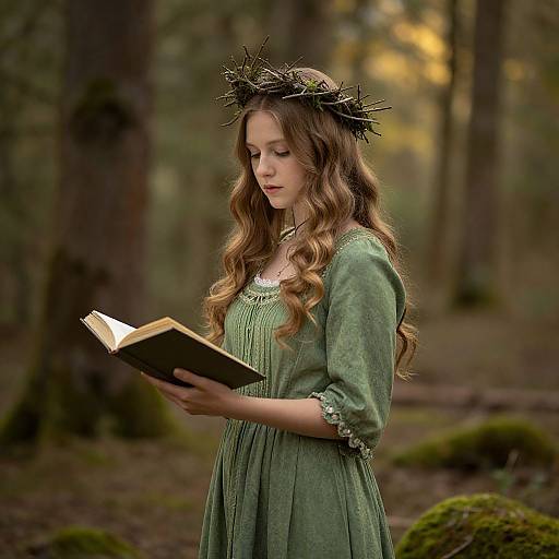 Mystical Woman in Vintage Green Dress