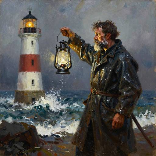 Stormy Lighthouse Keeper with Lantern