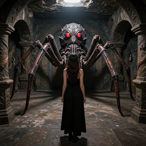 Photograph: Dark, ominous arched room with ancient carvings. A towering, metallic spider with red eyes faces a woman in a black dress