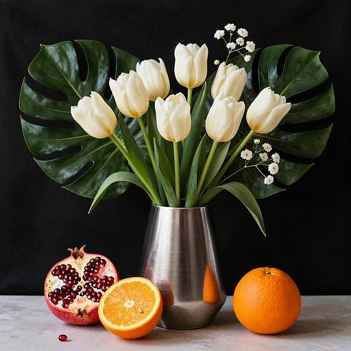 Modern Steel Vase with Tulips and Fruit