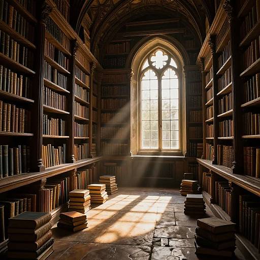 Photograph of a dimly lit, sunlit medieval library with tall, arched windows, wooden shelves, and stacked books on stone floors. Sun