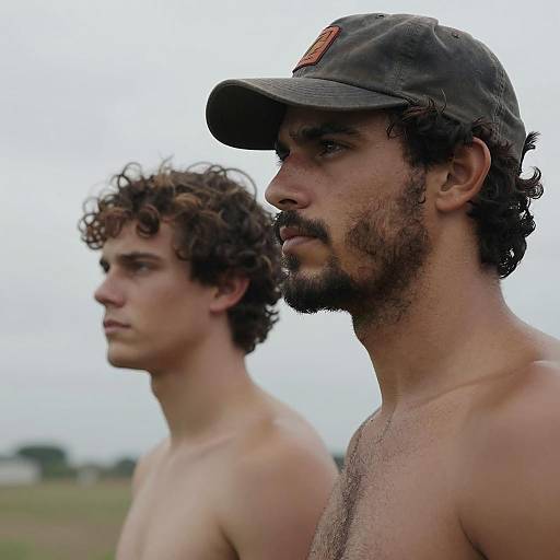 Two Shirtless Men in Overcast Outdoor Setting