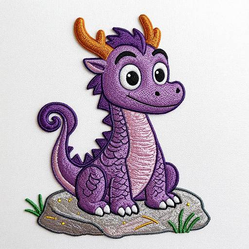 Colorful cartoon dragon with purple scales, orange horns, and large white eyes sitting on a rock with small grass patches.