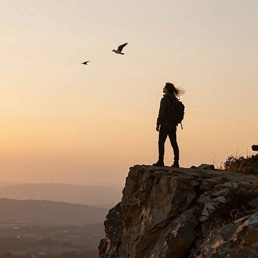 Silhouetted hiker with backpack stands on rocky cliff edge at sunset, two birds flying in the soft, orange-hued sky.