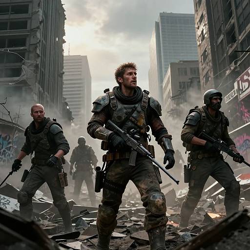 Photorealistic CGI: Four heavily armed soldiers in urban warfare gear, standing amidst rubble and smoke in a war-torn city street. Sunlight pier