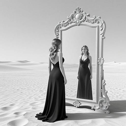 Black-and-white photograph of a woman with long, wavy hair in a floor-length, sleeveless black gown, standing before an ornate, silver