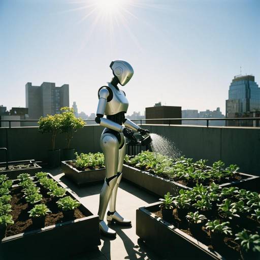 AI Robot Watering Plants on Rooftop Garden