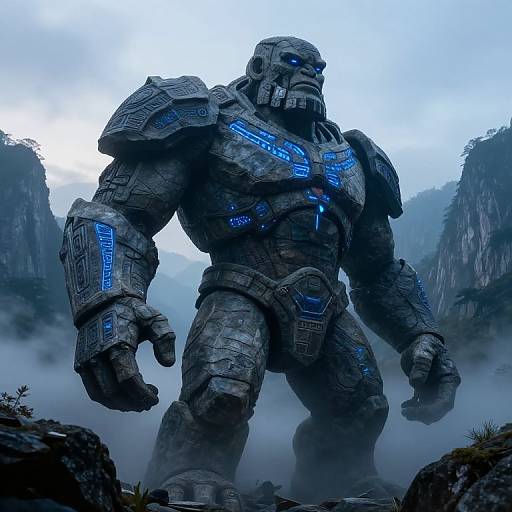 Photorealistic CGI of a towering, armored alien warrior with glowing blue circuits, standing in a misty, mountainous landscape. Dark gray, intricate