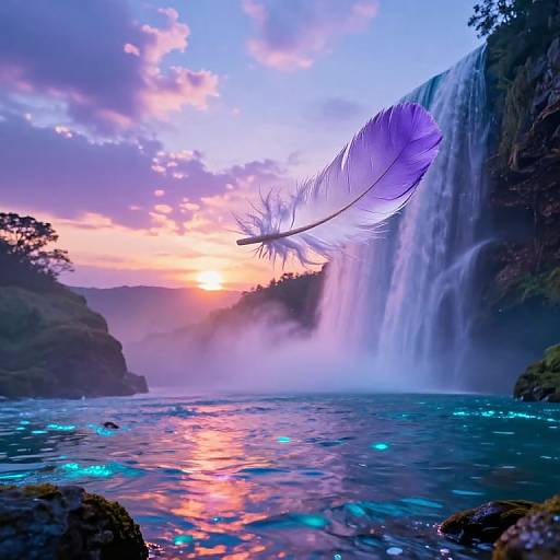 Photograph of a glowing purple feather floating above a luminous waterfall at sunset, with vibrant clouds and bioluminescent water.