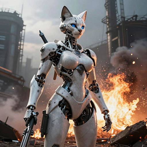 Cyborg Cat Warrior with Blue Eyes
