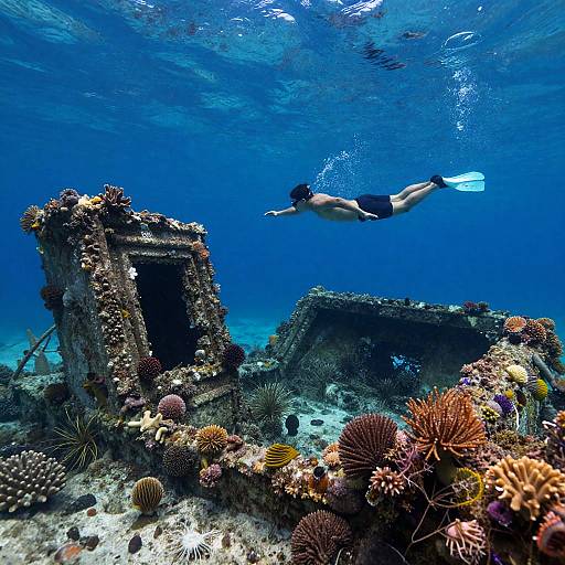 Lone Swimmer Among Sunken Ruins