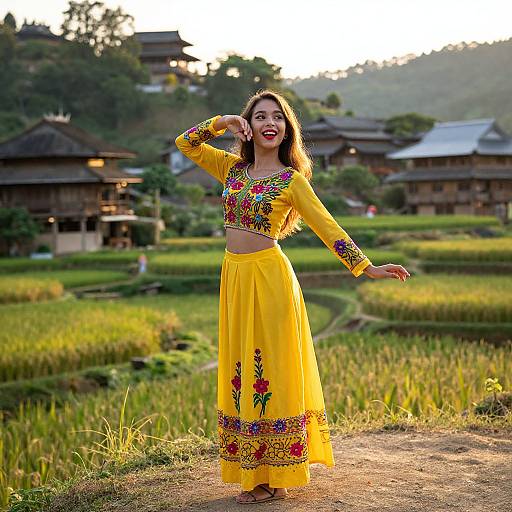 Photograph of a smiling woman in a vibrant yellow traditional outfit with colorful embroidery, standing in a lush, sunlit rice field village.
