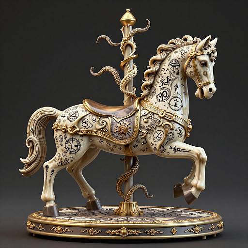 Detailed, ornate, golden carousel horse with intricate black designs, raised on a round base, featuring a central spiral pole and golden lamp. Photoreal