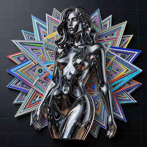 Digital artwork of a shiny, black, nude woman with reflective surfaces, standing against a vibrant, colorful, starburst pattern background.