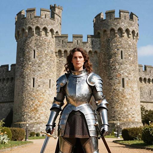 Woman Knight in Silver Armor by Medieval Castle
