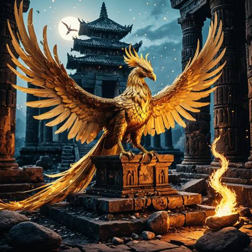 Golden Phoenix on Ancient Temple Ruin