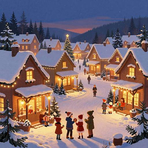Whimsical winter village scene at dusk, glowing wooden houses with snow-covered roofs, children in winter clothes, string lights, and a decorated Christmas tree
