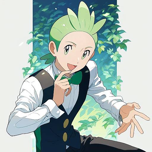 Illustration of Cilan (pokemon), pokemon in the style of Clamp (circle)