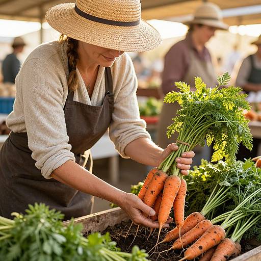 Photograph of a woman in a straw hat and brown apron, inspecting vibrant orange carrots with lush green tops at an outdoor market.
