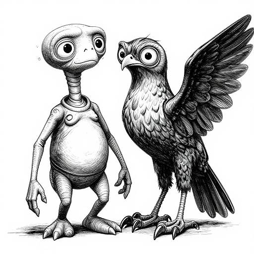Black-and-white ink drawing of a robotic humanoid and a detailed owl with wide eyes, standing side by side.