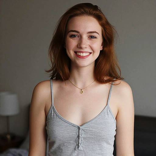 Photograph of a smiling young white woman with fair skin, straight brown hair, wearing a gray spaghetti-strap tank top and a gold necklace, standing