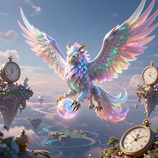 Digital illustration of a colorful, winged, mythical creature with glowing feathers, mid-flight above floating clock towers and islands in a whimsical sky.
