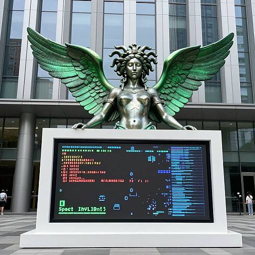 Photograph of a digital art installation featuring a green-winged, topless, classical-style statue with curly hair, standing in front of a black digital