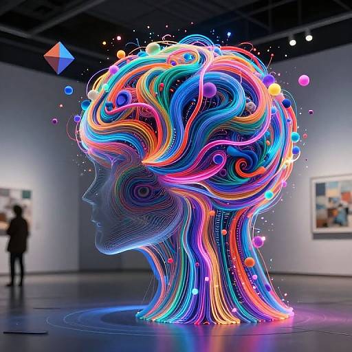 Vibrant digital sculpture of a human head, filled with colorful, swirling neon lines and floating orbs, displayed in a modern art gallery.