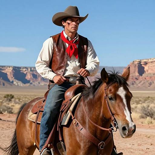Photograph of a Caucasian man in cowboy attire, white shirt, red bandana, brown vest, and wide-brimmed hat, riding a brown