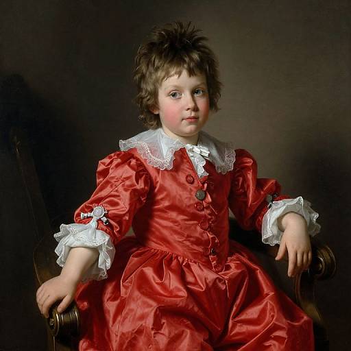 Photograph of a young boy with curly brown hair, wearing a red satin dress with white lace trim, seated against a dark background.