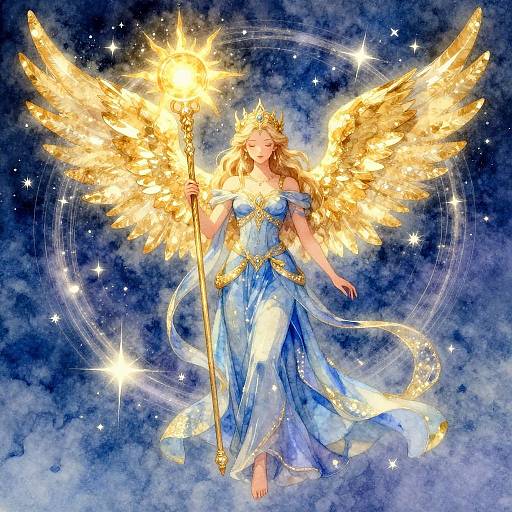 Digital artwork of a celestial angel with golden wings and crown, holding a torch, wearing a flowing blue gown, against a starry, cloud-filled night