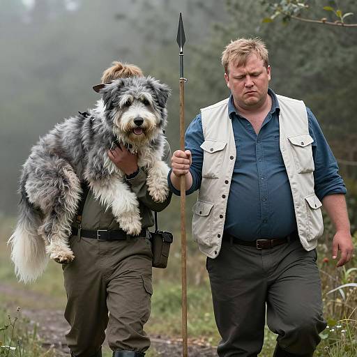 Men and Dog in Misty Forest Scene