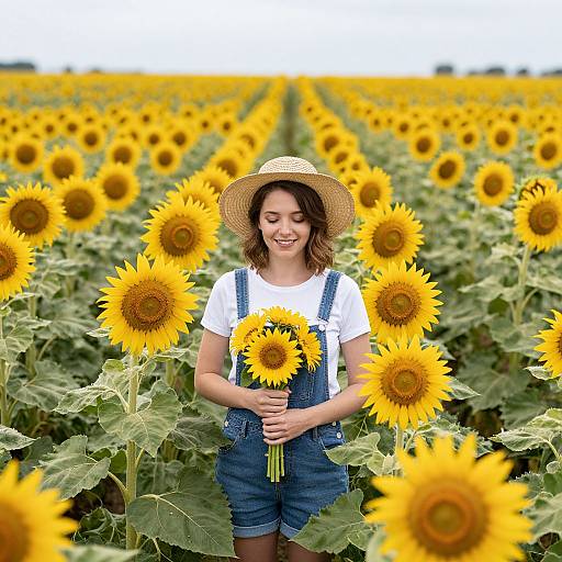 Photograph of a smiling young woman in denim overalls and straw hat, standing in a sunflower field, holding a bouquet of sunflowers.