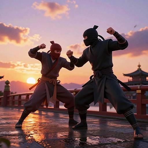 Photograph of two silhouetted ninja warriors in dynamic fighting stances against a vibrant sunset, standing on a wet, reflective bridge.