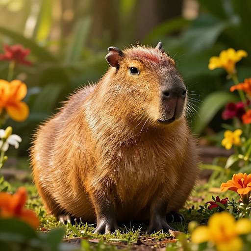 Photograph of a fluffy, brown chipmunk with black ears and nose, sitting amidst vibrant orange and yellow flowers in a sunlit garden.