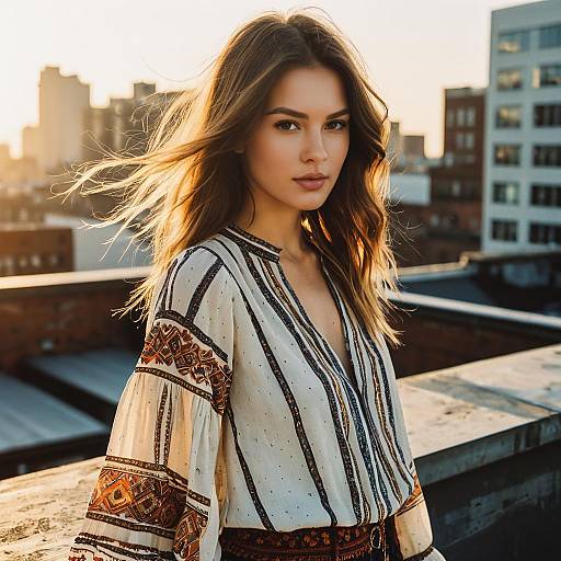 Fashion Model with V-Cut Layers Hairstyle on Rooftop