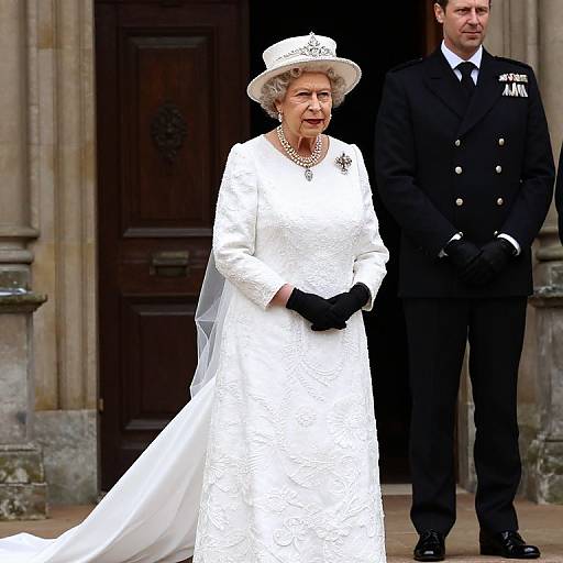Photograph of an elderly Queen in a white, textured gown and hat, black gloves, standing beside a uniformed man by a stone building door.