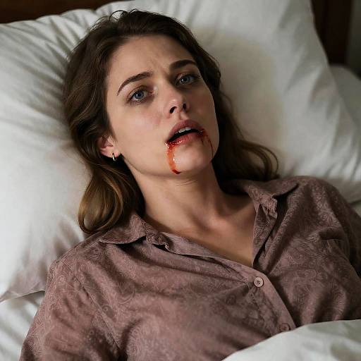 Woman Lying in Bed with Blood on Mouth