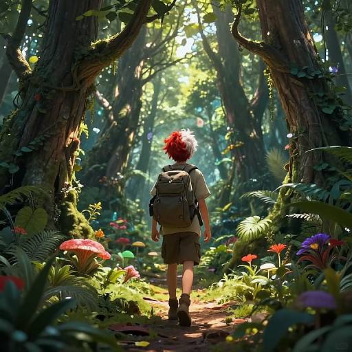 Digital illustration of a red-haired child with a backpack, walking through a sunlit, enchanted forest with vibrant flowers and towering trees.