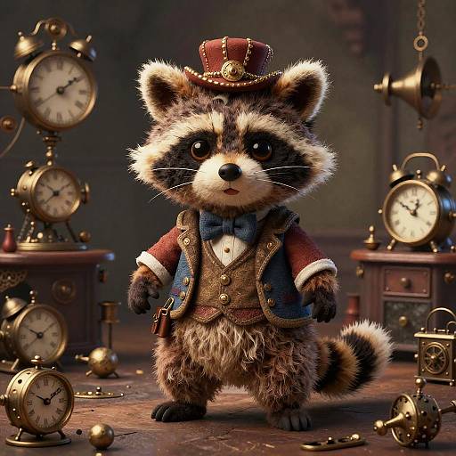 Digital art: Adorable, anthropomorphic raccoon in Victorian attire with a red top hat, blue bowtie, and gold vest, surrounded by vintage