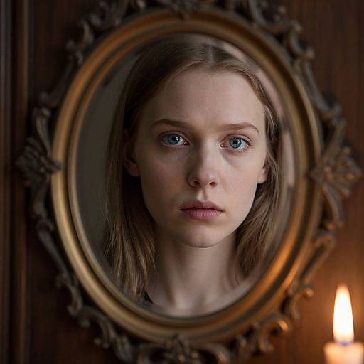 Photograph of a young woman with blue eyes, fair skin, and straight brown hair, reflected in an ornate, oval, gold-framed mirror