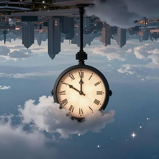 Photograph of a classic black clock with Roman numerals, suspended by a chain above a city skyline, partially obscured by clouds, with twinkling stars