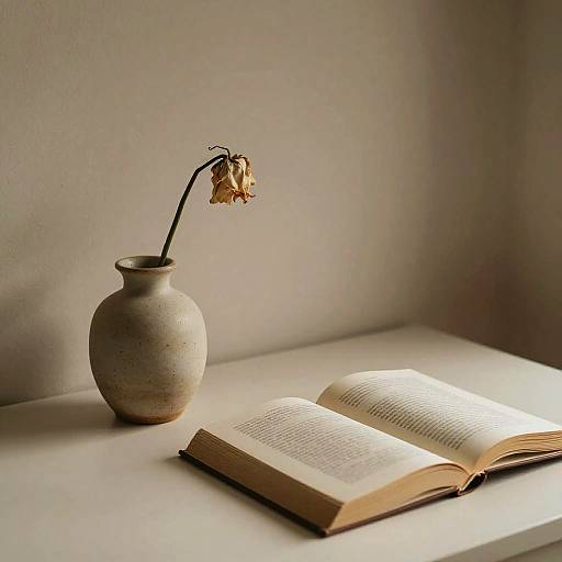 Photograph of a beige ceramic vase with a wilted flower, next to an open book on a white shelf. Soft, natural light illuminates the