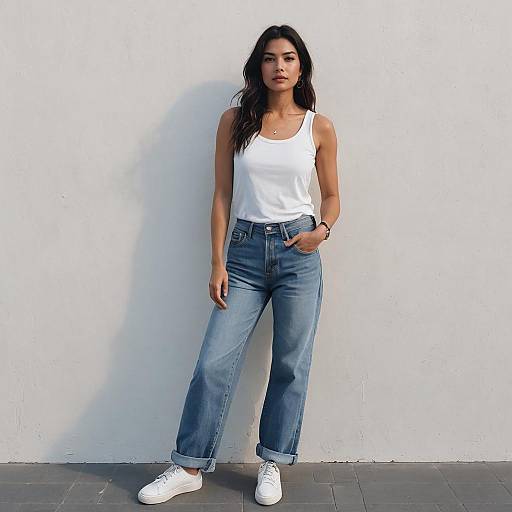Woman in Low-Rise Baggy Jeans and White Tank Top
