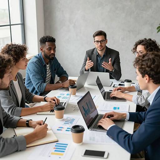 Photograph of diverse male business team in suits, sitting around a white table with laptops, charts, and coffee cups, discussing in a bright, modern